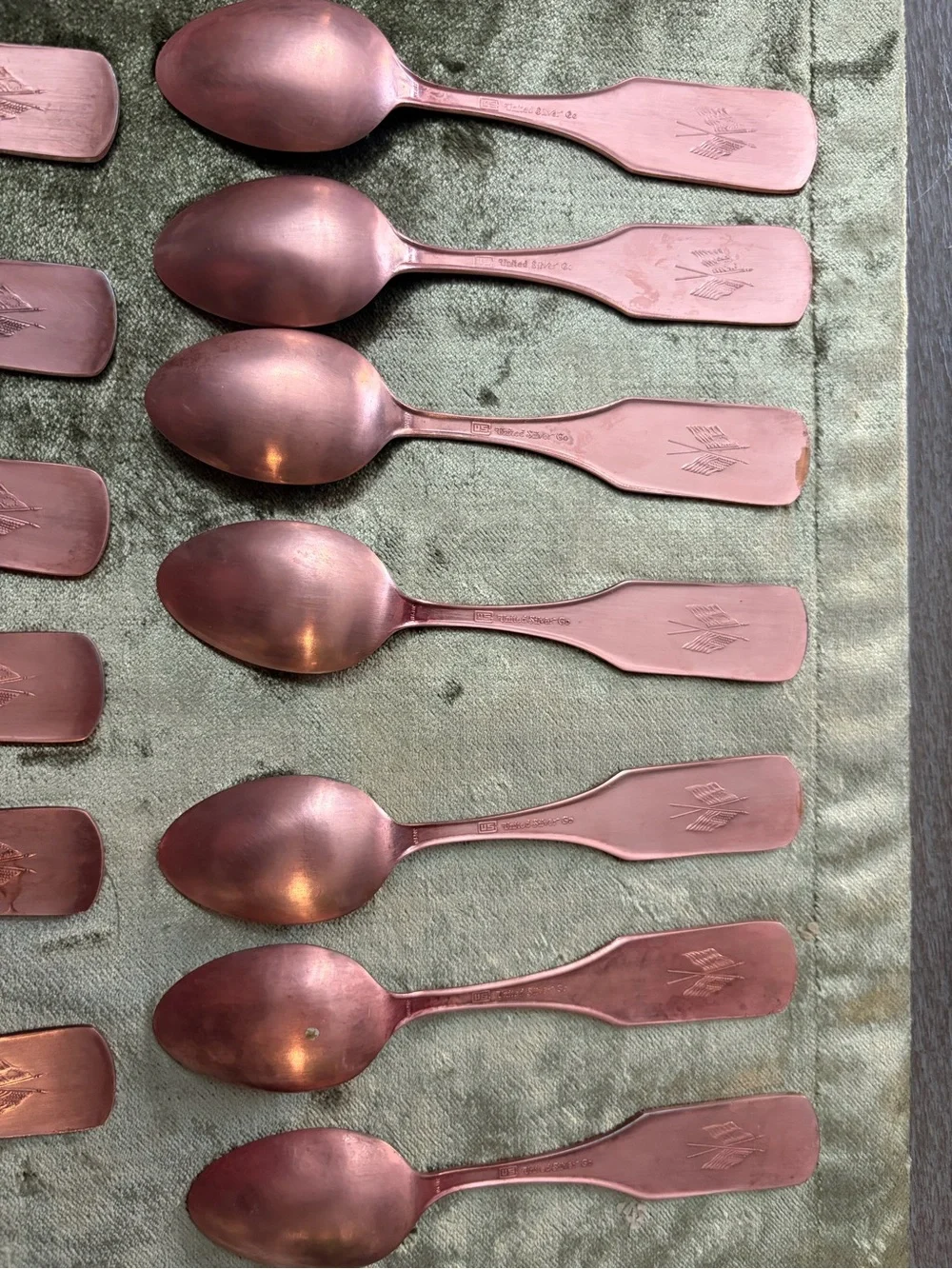 Vintage-13 Spoons United Silver Co.-Copper plated -vintage wall holder